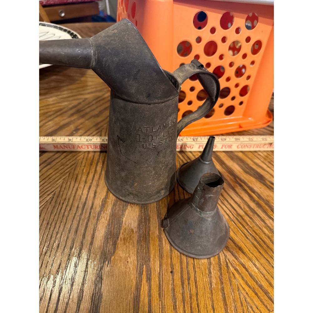 Vintage Atlantic 1 Quart Metal Oil Filler Can with 2 Funnels Rustic Industrial